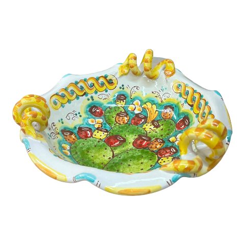 Centrotavola smerlato con manici con fichi d'india Produzione artigianale di Caltagirone Diametro 30cm