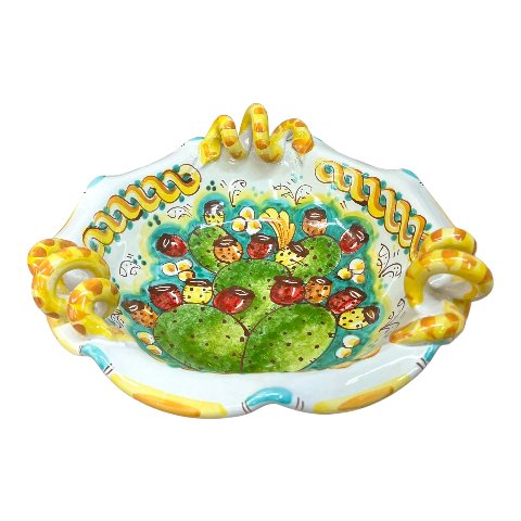 Centrotavola smerlato con manici con fichi d'india Produzione artigianale di Caltagirone Diametro 30cm