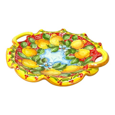 Centrotavola smerlato con manici con limoni decoro ornato barocco giallo e rosso Produzione artigianale di Santo Stefano di Camastra Diametro 30cm