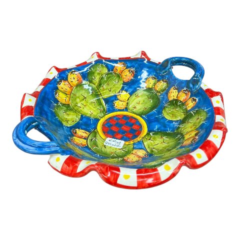 Centrotavola smerlato con manici con fichi d'india decoro blu Produzione artigianale di Santo Stefano di Camastra Diametro 30cm