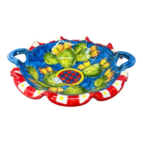 Centrotavola smerlato con manici con fichi d'india decoro blu Produzione artigianale di Santo Stefano di Camastra Diametro 30cm