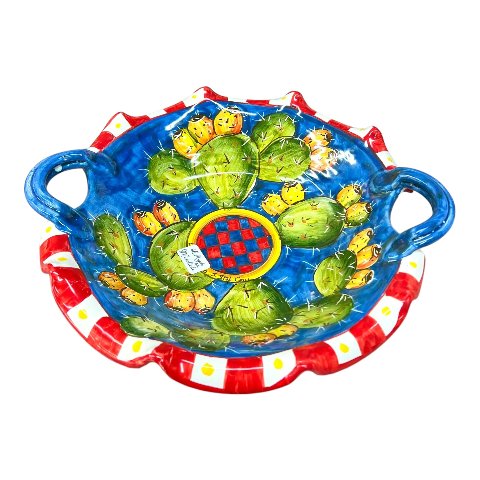 Centrotavola smerlato con manici con fichi d'india decoro blu Produzione artigianale di Santo Stefano di Camastra Diametro 30cm