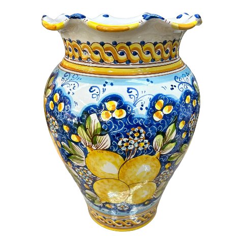 Giara smerlata portaombrelli in ceramica siciliana con limoni decoro blu Produzione artigianale di Caltagirone h.50cm