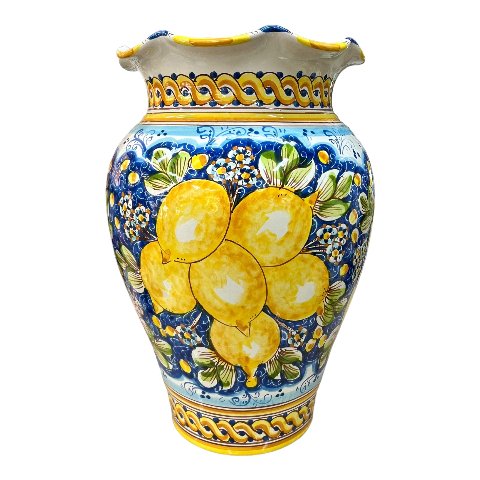 Giara smerlata portaombrelli in ceramica siciliana con limoni decoro blu Produzione artigianale di Caltagirone h.50cm