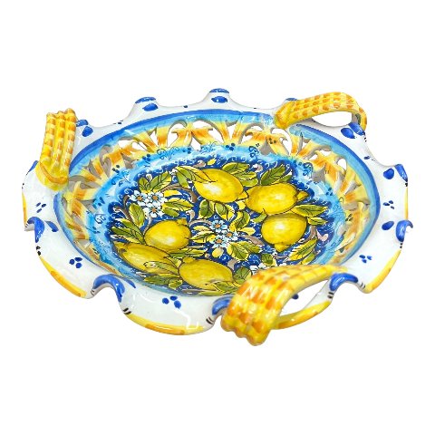 Centrotavola in ceramica siciliana smerlato con manici decoro limoni Produzione artigianale di Caltagirone Diametro 40cm