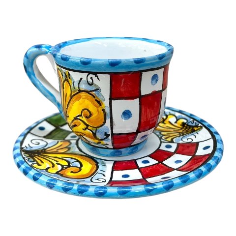 Tazzina da caffé in ceramica siciliana con piattino decoro carretto Produzione artigianale di Caltagirone h.6cm