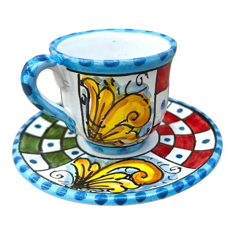 Tazzina da caffé in ceramica siciliana con piattino decoro carretto Produzione artigianale di Caltagirone h.6cm