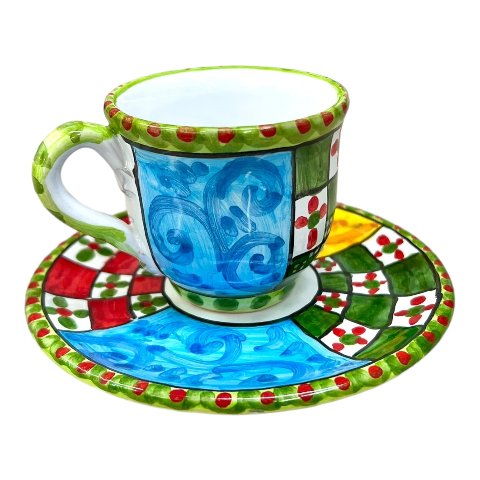 Tazzina da caffé in ceramica siciliana con piattino decoro carretto 2 Produzione artigianale di Caltagirone h.6cm
