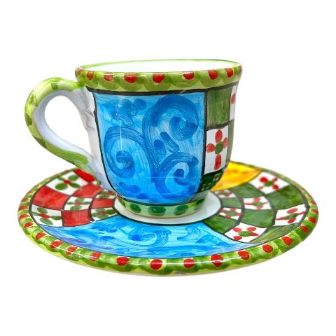 Tazzina da caffé in ceramica siciliana con piattino decoro carretto 2 Produzione artigianale di Caltagirone h.6cm