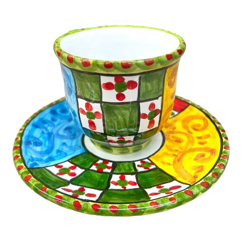 Tazzina da caffé in ceramica siciliana con piattino decoro carretto 2 Produzione artigianale di Caltagirone h.6cm