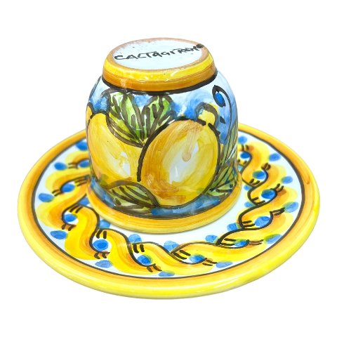Tazzina da caffé in ceramica siciliana con piattino decoro limone Produzione artigianale di Caltagirone h.6cm