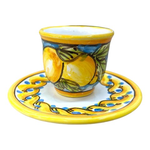 Tazzina da caffé in ceramica siciliana con piattino decoro limone Produzione artigianale di Caltagirone h.6cm