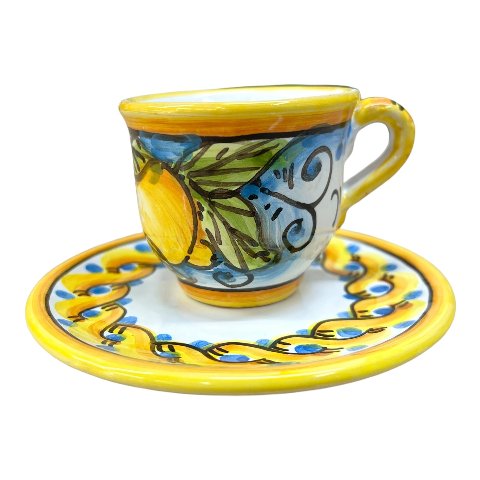 Tazzina da caffé in ceramica siciliana con piattino decoro limone Produzione artigianale di Caltagirone h.6cm