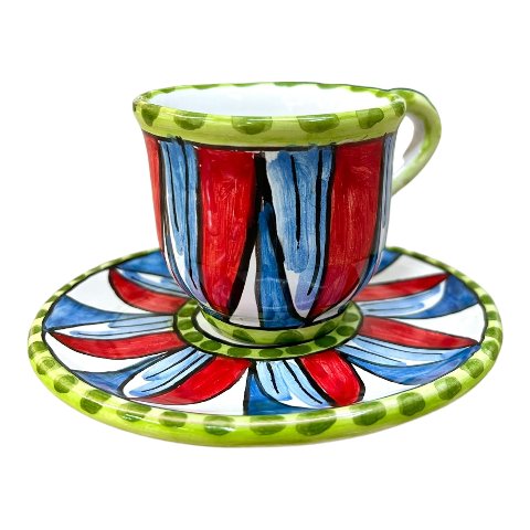 Tazzina da caffé in ceramica siciliana con piattino decoro carretto 3 Produzione artigianale di Caltagirone h.6cm