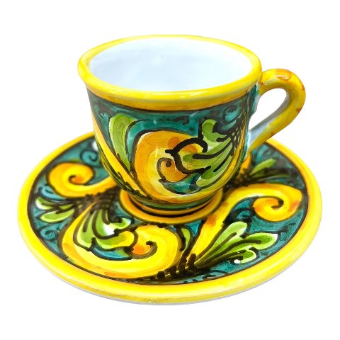 Tazzina da caffé in ceramica siciliana con piattino decoro ornato giallo e verde Produzione artigianale di Caltagirone h.6cm
