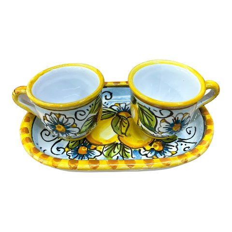Set 2 tazzine da caffé in ceramica siciliana con vassoio decoro limoni Produzione artigianale di Caltagirone h.6cm
