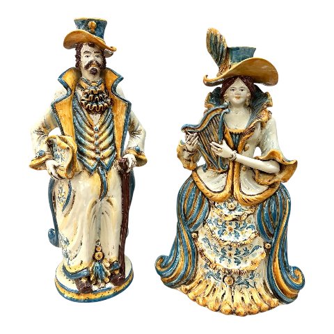 Lumiere grande ornamentale in ceramica decoro blu e arancio Produzione artigianale di Caltagirone h.40 cm