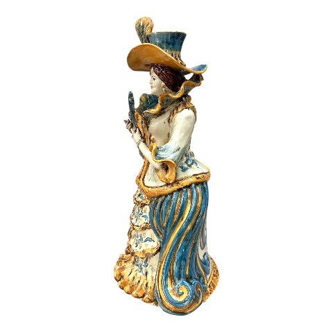 Lumiere grande ornamentale in ceramica decoro blu e arancio Produzione artigianale di Caltagirone h.40 cm
