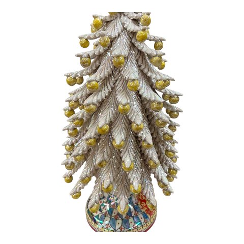 Albero di natale in ceramica siciliana decoro fumé madreperla con palline gialle effetto oro Produzione artigianale  di Caltagirone h.55cm