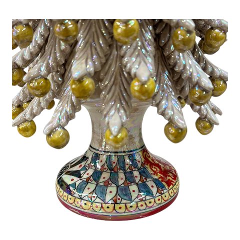 Albero di natale in ceramica siciliana decoro fumé madreperla con palline gialle effetto oro Produzione artigianale  di Caltagirone h.55cm