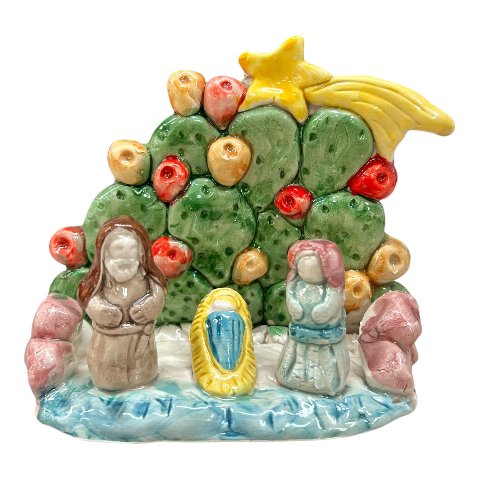 Presepe in ceramica siciliana con fichi d'india Produzione artigianale di Caltagirone h.15cm