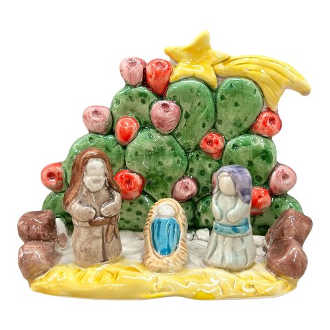 Presepe in ceramica siciliana con fichi d'india Produzione artigianale di Caltagirone h.15cm