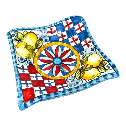 Svuotatasche/portacaramelle in ceramica siciliana decoro carretto con limoni Produzione artigianale di Caltagirone 21 x 21