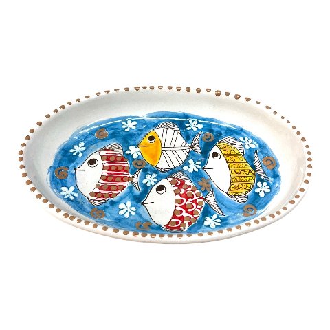 Piatto ornamentale ovale con pesci in ceramica siciliana Produzione artigianale di Santo Stefano di Camastra Lunghezza 28cm