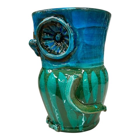 Gufo in ceramica siciliana kaleido decoro verde e azzurro Produzione artigianale di Santo Stefano di Camastra h.18 cm