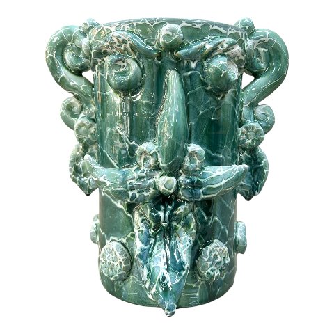 Testa di moro collezione I Miti vaso Sikano decoro verde acqua effetto marmo Produzione artigianale di Santo Stefano di Camastra h.25