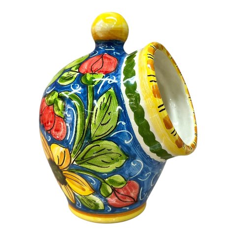 Saliera a salvadanaio con uva decoro floreale barocco fondo blu Produzione artigianale di Santo Stefano di Camastra h.20cm