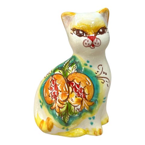 Gattino in ceramica siciliana decoro con melograno fondo verde Produzione artigianale di Caltagirone h.13cm
