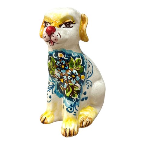 Cagnolino in ceramica siciliana decoro floreale fondo blu Produzione artigianale di Caltagirone h.13cm