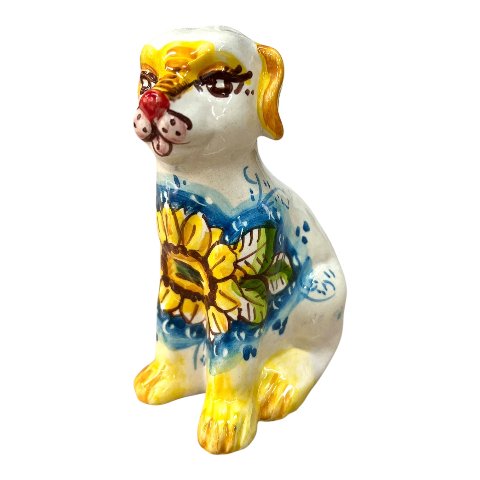 Cagnolino in ceramica siciliana decoro floreale fondo blu Produzione artigianale di Caltagirone h.13cm