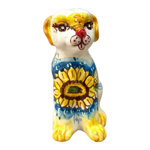 Cagnolino in ceramica siciliana decoro floreale fondo blu Produzione artigianale di Caltagirone h.13cm
