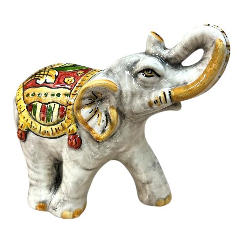 Elefante portafortuna in ceramica siciliana decoro ornato fondo rosso Produzione artigianale di Caltagirone lunghezza 20cm