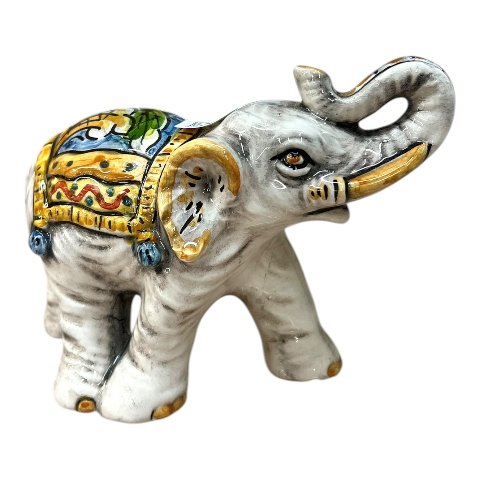 Elefante portafortuna in ceramica siciliana decoro ornato fondo blu Produzione artigianale di Caltagirone lunghezza 15cm