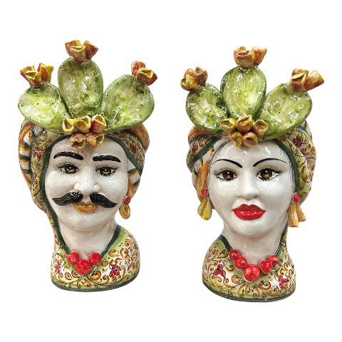 Teste di moro in ceramica siciliana decoro con fichi d’india Produzione artigianale  di Caltagirone h.30cm