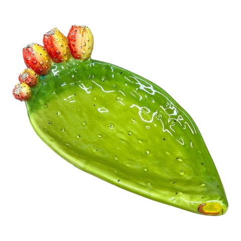 Svuota tasche/porta caramelle pala di fico d’india in ceramica siciliana decoro verde naturale Produzione artigianale di Caltagirone Lunghezza 22cm