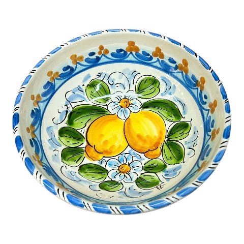 Ciotola centrotavola in ceramica siciliana decoro con limoni fondo azzurro e bianco Produzione artigianale di Santo Stefano di Camastra Diametro 20cm