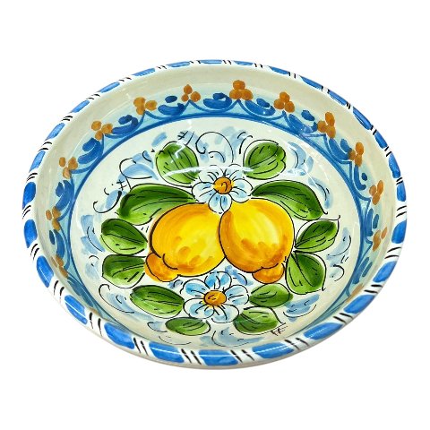 Ciotola centrotavola in ceramica siciliana decoro con limoni fondo azzurro e bianco Produzione artigianale di Santo Stefano di Camastra Diametro 20cm