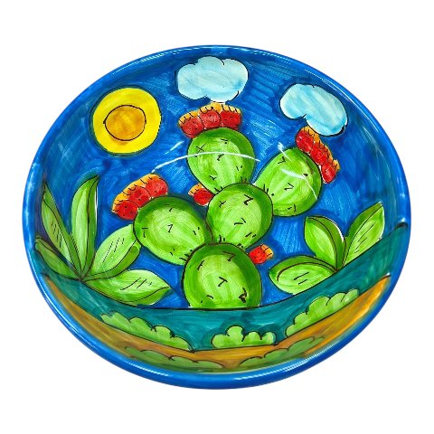 Ciotola centrotavola in ceramica siciliana con fichi d’india decoro naif Produzione artigianale di Santo Stefano di Camastra Diametro 20cm