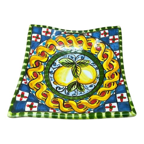 Svuotatasche/porta caramelle in ceramica siciliana decoro con limoni e treccia Produzione artigianale di Caltagirone 21 x 21