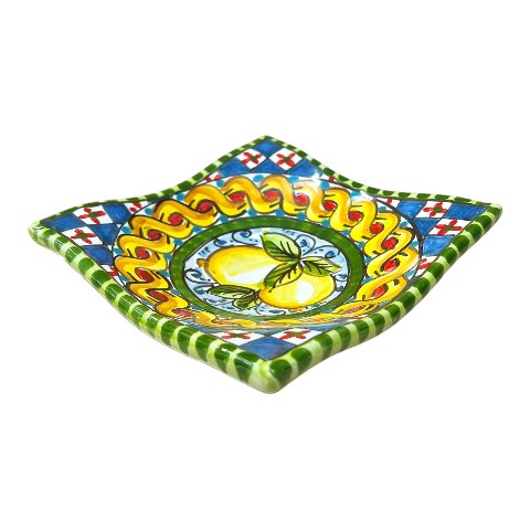 Svuotatasche/porta caramelle in ceramica siciliana decoro con limoni e treccia Produzione artigianale di Caltagirone 21 x 21
