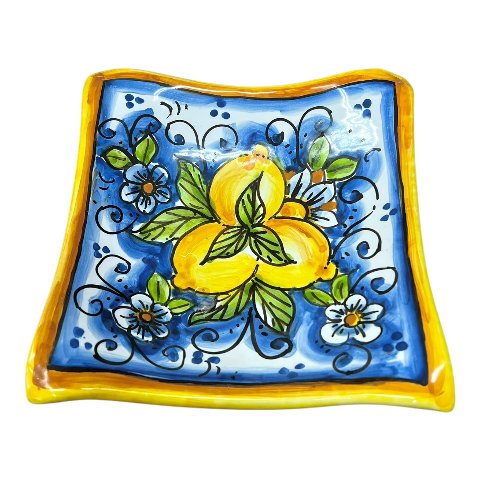 Svuotatasche/porta caramelle in ceramica siciliana decoro con limoni Produzione artigianale di Caltagirone 21 x 21