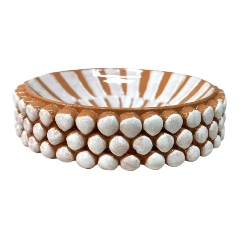 Ciotola pigna svuota tasche o porta caramelle in ceramica siciliana decoro bianco e terracotta Produzione artigianale di Santo Stefano di Camastra Diametro 18cm