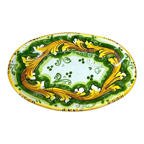 Piatto ornamentale ovale da parete in ceramica siciliana decoro ornato giallo e verde Produzione artigianale di Caltagirone Lunghezza 22cm