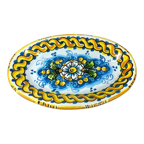 Piatto ornamentale ovale da parete in ceramica siciliana con margherita fondo blu Produzione artigianale di Caltagirone Lunghezza 22cm