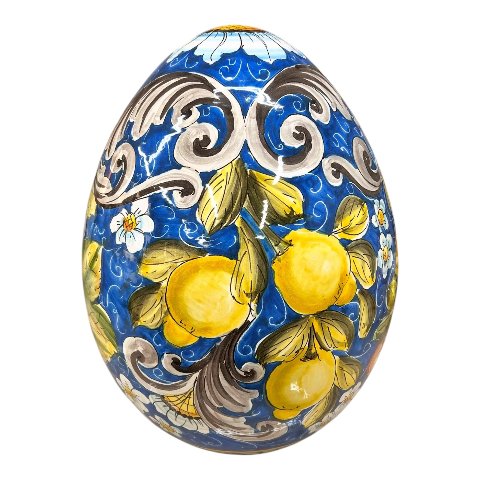 Uovo di Pasqua gigante in ceramica siciliana decoro ornato con limoni, arance e uva Produzione artigianale di Santo Stefano di Camastra h.43cm