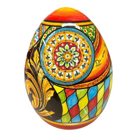Uovo di Pasqua in pregiata ceramica siciliana decoro Sicilian Folk Produzione artigianale di Caltagirone h.25cm